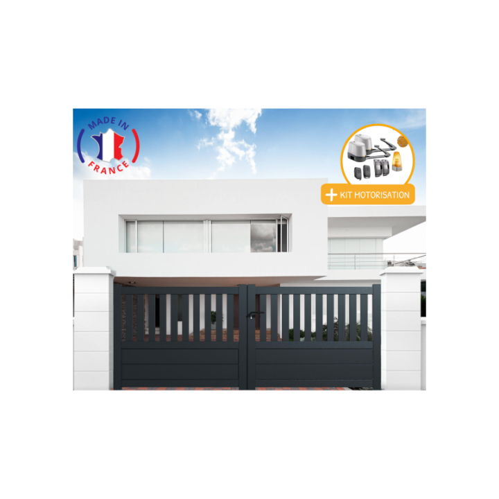 Portail aluminium battant semi-ajouré en kit + Motorisation