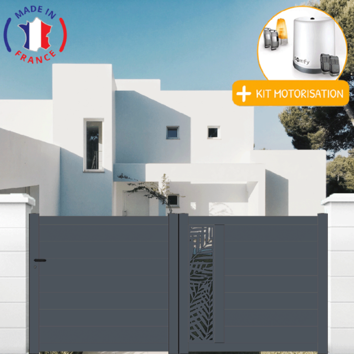 Portail aluminium coulissant découpe laser en kit + Motorisation - L.4000 (entre piliers) X H.1500 mm
